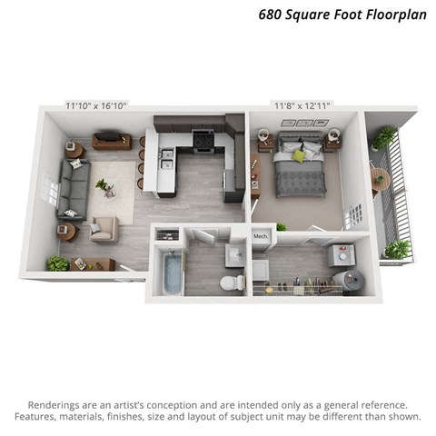 Floor plan for 1 bed, 1 bath, 680 sqft